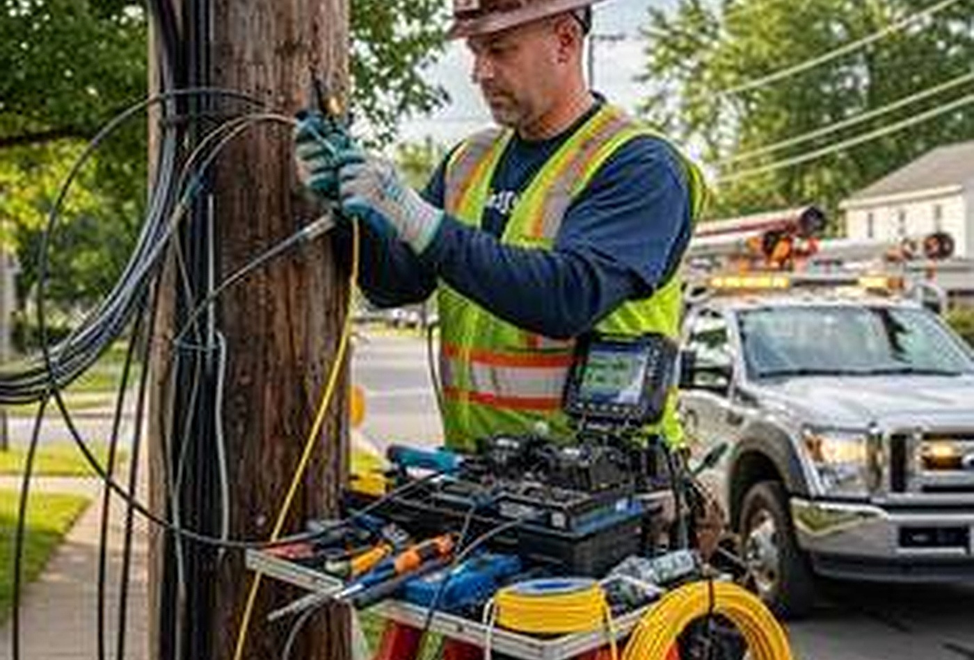 Técnico instalando fibra óptica en poste